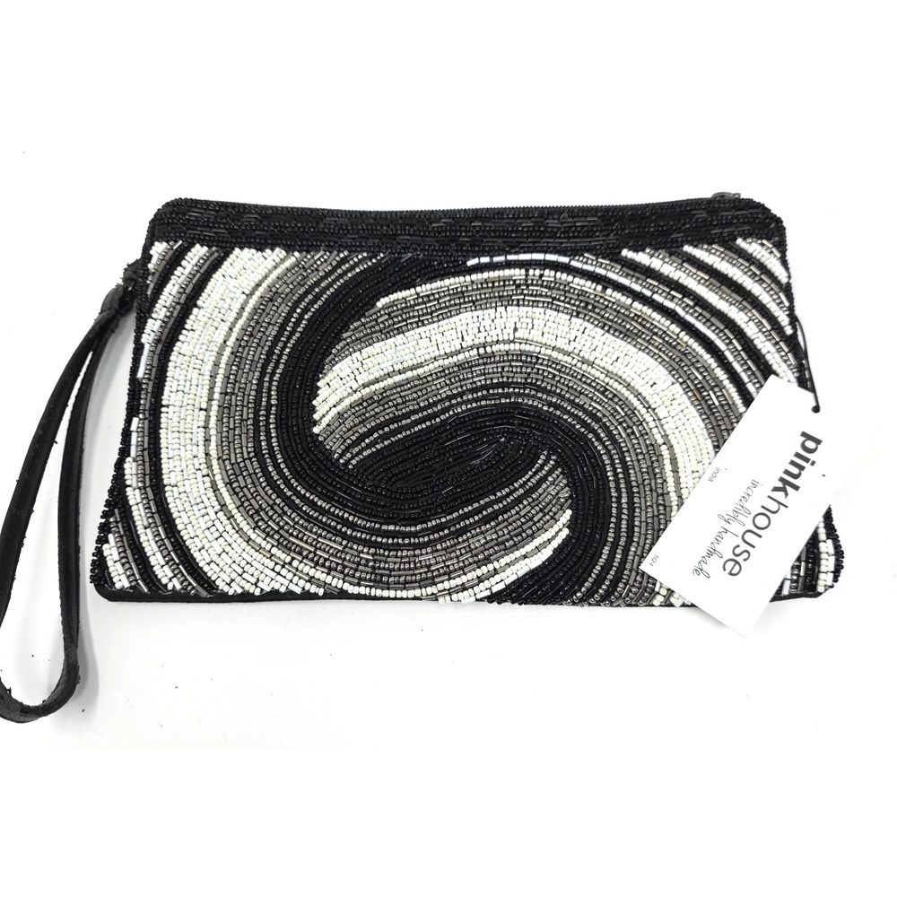 Pinkhouse Clutch Bag Womens Black Swirl Beaded Wrist Strap Zipper Handmade NWT